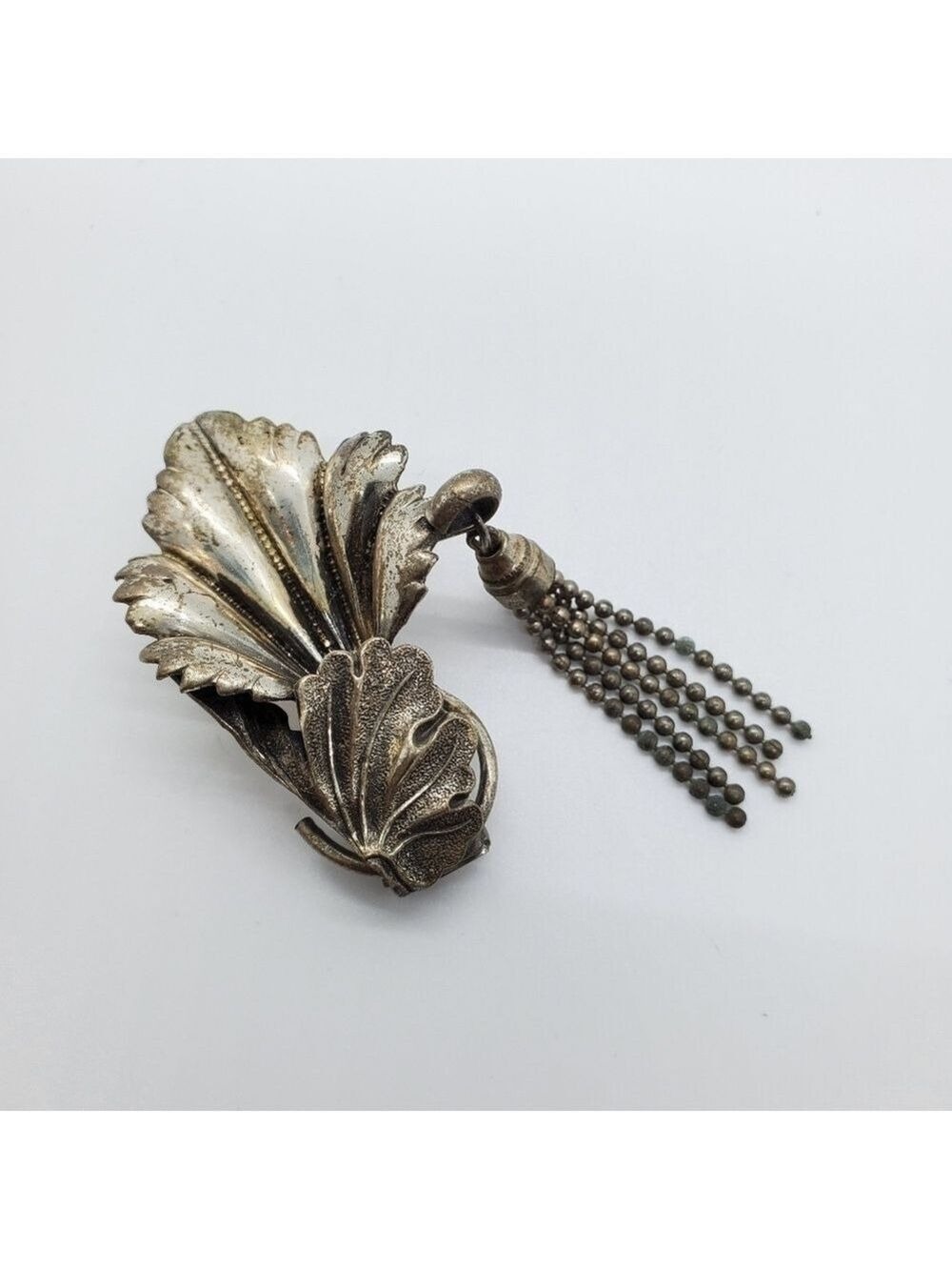 Vintage Silver tone Flower and Butterfly ball chain Fur clip brooch